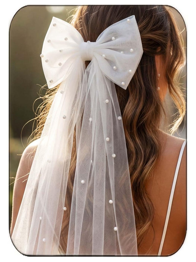 JONKY Bow Wedding Veil Bridal Pearl Bachelorette Party Hair Clip for Women (Style1) - Image 1